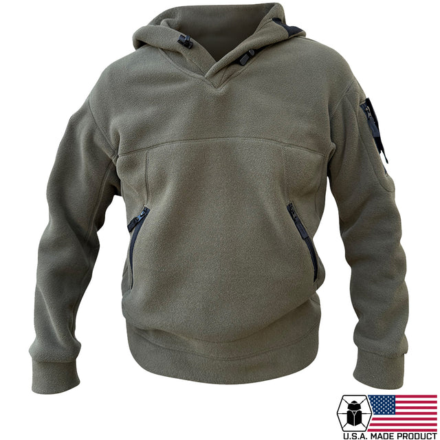 An olive green tactical fleece pullover hoodie with zippered pockets and a drawstring hood, shown on a white background Made in the USA