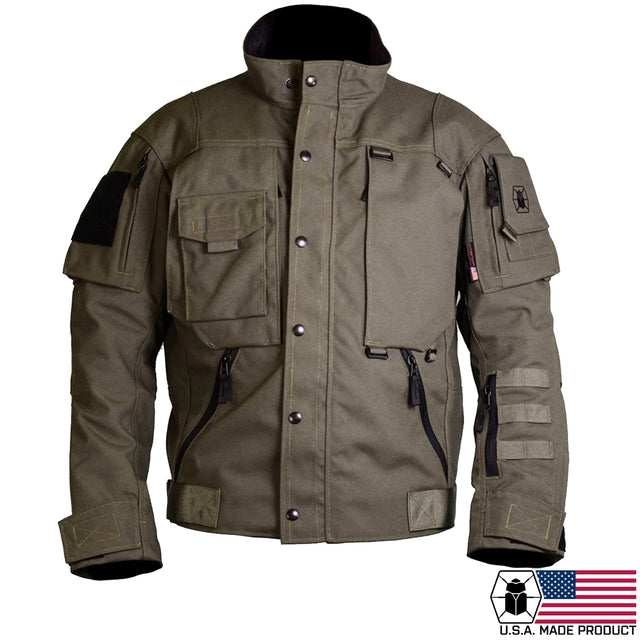 An olive green tactical utility jacket with multiple zippered pockets, button closure, and black trim, shown on a white background Made in the USA. Articulated Spine pad
