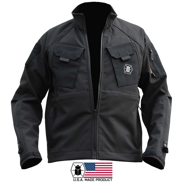 A black tactical-style Kitanica Mark I Liner fleece  jacket with a full front zipper, multiple flap pockets, and a small shield emblem on the left chest, shown on a plain white background US Made
