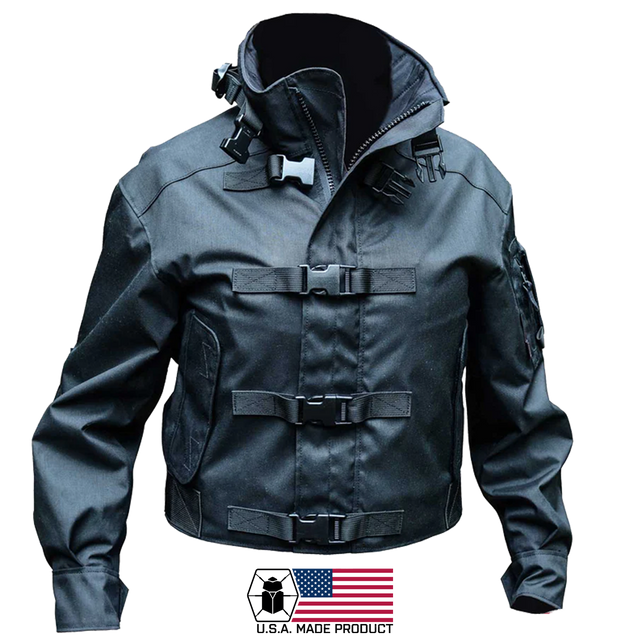 Kitanica Women's Jacket - USA Made. A black tactical-style jacket with multiple front straps and buckles.