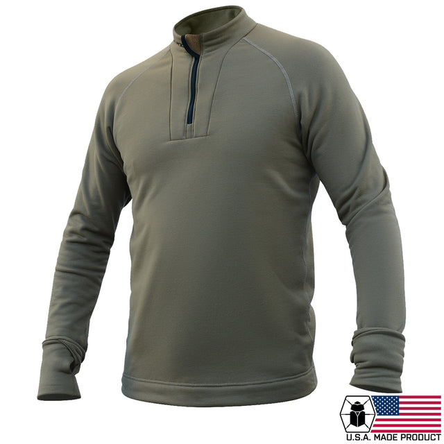 Green long-sleeve performance Fleece Sweater with a quarter zip on a white background