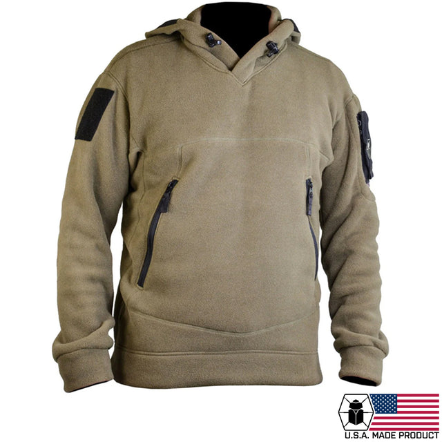 Kitanica American Hoodie - U.S.A. Made . A tan hooded pullover sweatshirt with black accents, including a black hood lining, black drawstrings, black zipper details, and black rectangular patches on the upper sleeves. 